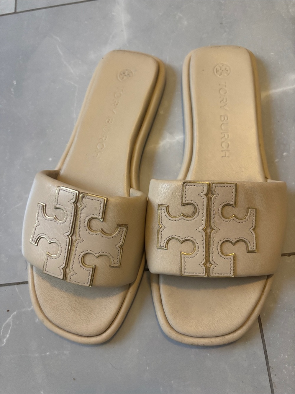 Tory Burch Cream Leather Logo Slide Sandals